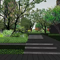 Residential Landscape Design With Stone Steps Lush Trees Greenery Shrubs And Paved Pathway