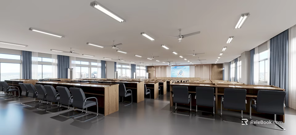 Modern Conference Room Interior With Long Tables Chairs Ceiling Fans Projection Screen And Bright Windows 3d model 