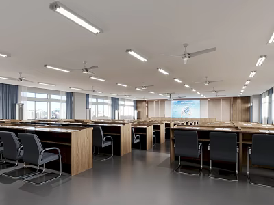 Modern Conference Room Interior With Long Tables Chairs Ceiling Fans Projection Screen And Bright Windows 3d model