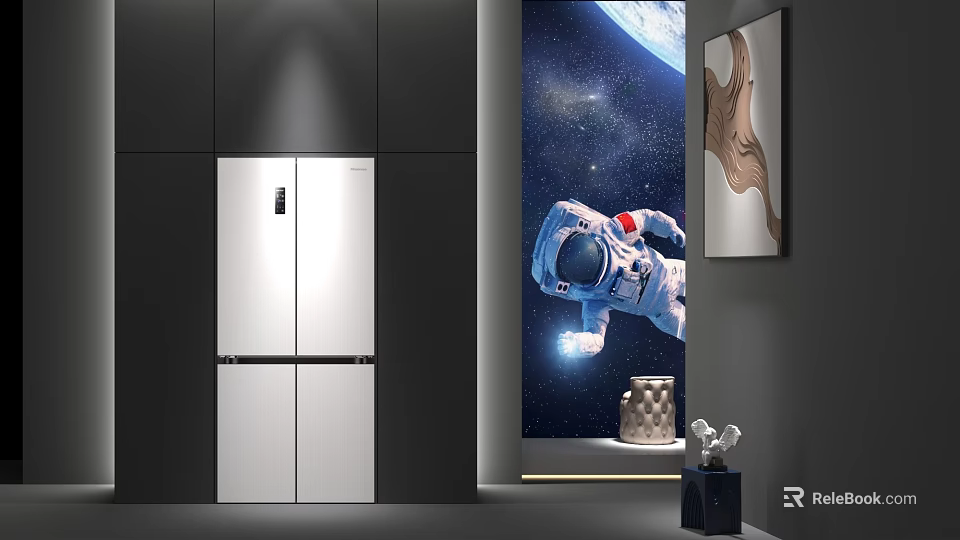 Entryway Hallway With White Double Door Refrigerator Astronaut Starry Sky Mural And Decorative Painting 3d model 