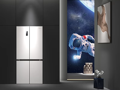 Entryway Hallway With White Double Door Refrigerator Astronaut Starry Sky Mural And Decorative Painting 3d model