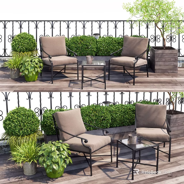 Outdoor Leisure Lounge Chair Set With Wooden Deck Wrought Iron Railing And Green Plants 3d model 