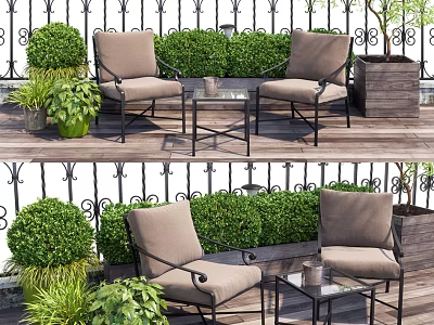 Outdoor Leisure Lounge Chair Set With Wooden Deck Wrought Iron Railing And Green Plants 3d model