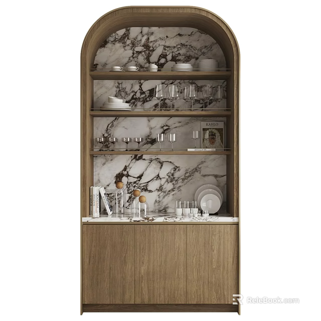 Stylish Wooden Sideboard with Marble Back Panel and Shelves Holding Dishes Glasses and Decor 3d model 