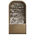 Stylish Wooden Sideboard with Marble Back Panel and Shelves Holding Dishes Glasses and Decor