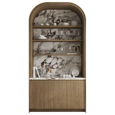 Stylish Wooden Sideboard with Marble Back Panel and Shelves Holding Dishes Glasses and Decor 3d model