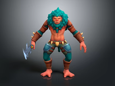 Game Movie Fantasy Character With Green Blue Hair Spiked Arm Bands And Battle Axe 3d model