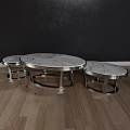 Elegant Marble Top Coffee Table Set With Chrome Metal Base And Oval Shape 3d model