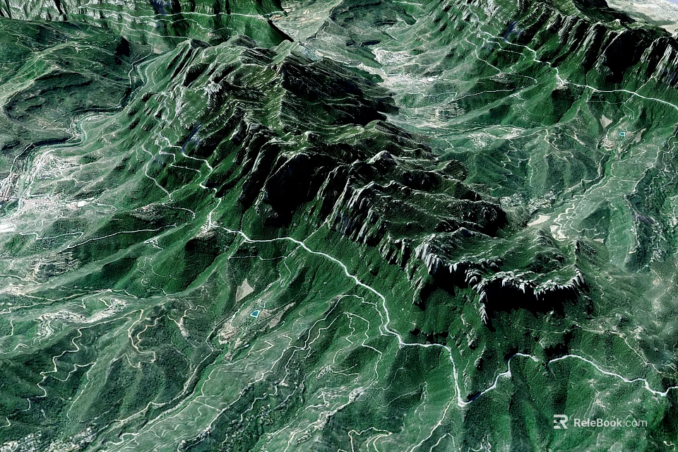 Natural Garden Landscape With Green Mountain Slopes And Winding Paths 3d model 