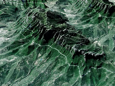 Natural Garden Landscape With Green Mountain Slopes And Winding Paths 3d model