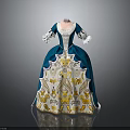 Blue And White Historical Gown With Gold Floral Embroidery Details