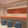 Shower Room Interior Featuring Orange Tiled Walls Multiple Cubicles And Towel Holders