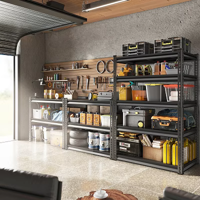 Organized Garage Space With Tool Shelves Storage Cabinets Toolboxes Tires And Containers 3d model