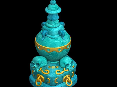 Turquoise And Gold Tiered Decorative Tower With Skull Accents And Ornate Rings 3d model