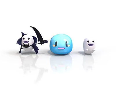 Cute Cartoon Characters Including Scythe Wielding Black White Figure Blue Round And White Ghost 3d model