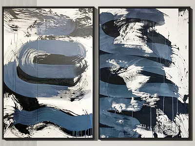 Two Framed Abstract Paintings With Blue Black Brushstrokes And Modern Design 3d model