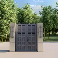 Stylish Double Entrance Door With Lattice Windows Flanked By Stone Pillars And Light Fixtures