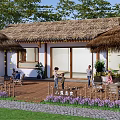 Traditional Thatched Roof Homestay Building with Wooden Veranda Purple Flowers Green Plants and Leisure Area