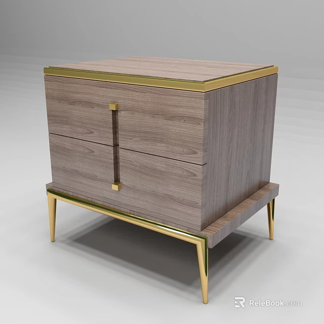 Modern Elegant Wooden Nightstand Design With Gold Accents And Drawers 3d model 