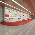 Modern Reception Area With Red Desk Wooden Ceiling White Cabinets Colorful Panels And Green Plants