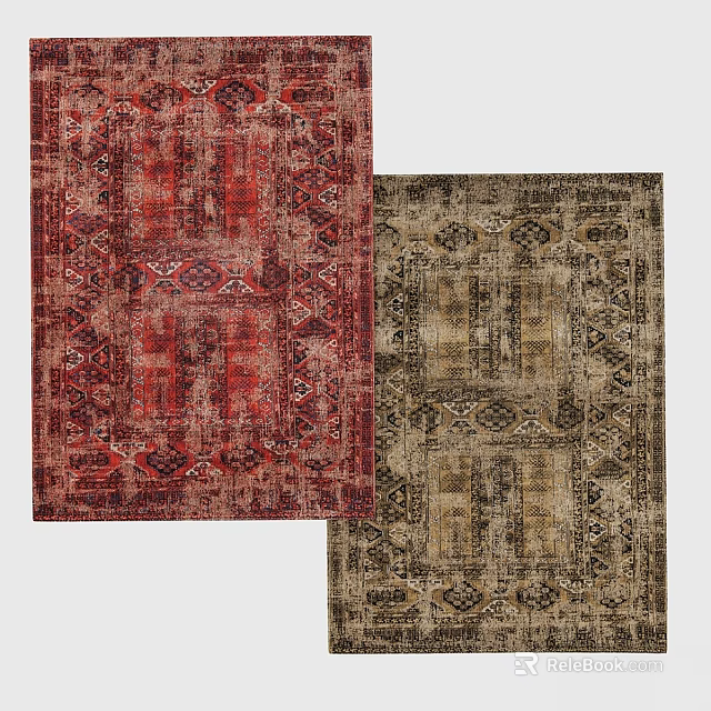 Square Carpets with Red and Beige Traditional Patterns for Home Decor 3d model