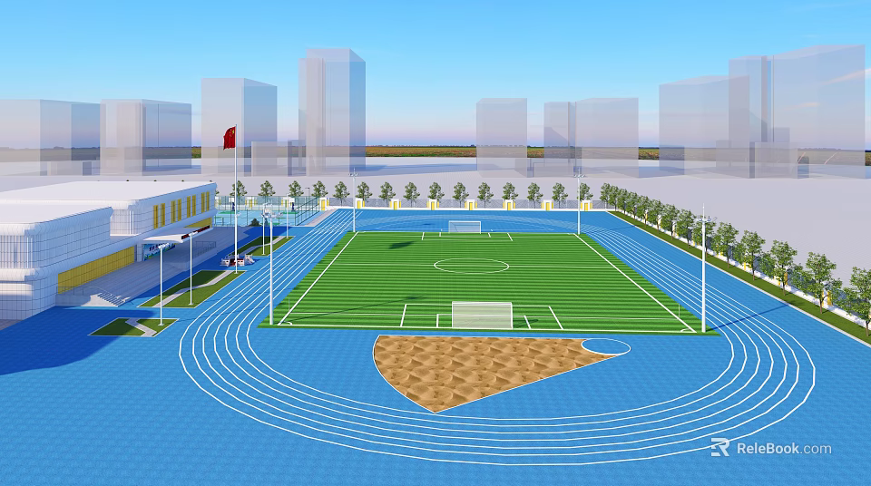 Sports Fitness Outdoor Track and Field Stadium with Football Field Running Track and Sandpit 3d model 