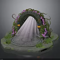 Enchanted Archway With Pink Flowers Vines Lanterns Circular Stone Slab And Green Grass