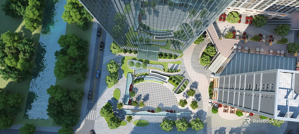 Modern Office Building with Glass Curtain Wall Landscaped Greenery Plaza and Water Features 3d model 