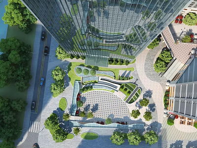 Modern Office Building with Glass Curtain Wall Landscaped Greenery Plaza and Water Features 3d model