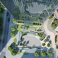 Modern Office Building with Glass Curtain Wall Landscaped Greenery Plaza and Water Features
