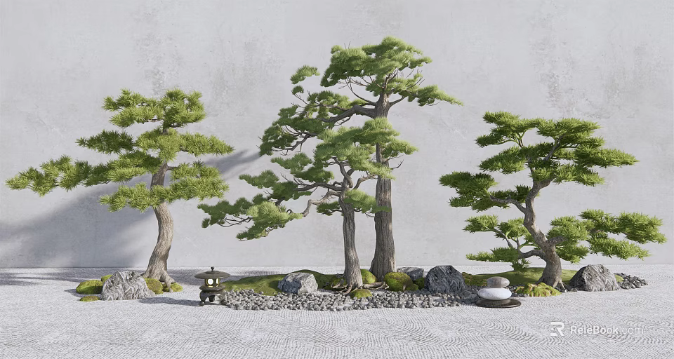 Three Pine Trees in Serene Garden with Stones Lantern and Green Foliage 3d model 