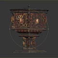 Office Desk With Decorative Hexagonal Carved Box And Intricate Red Gold Patterns
