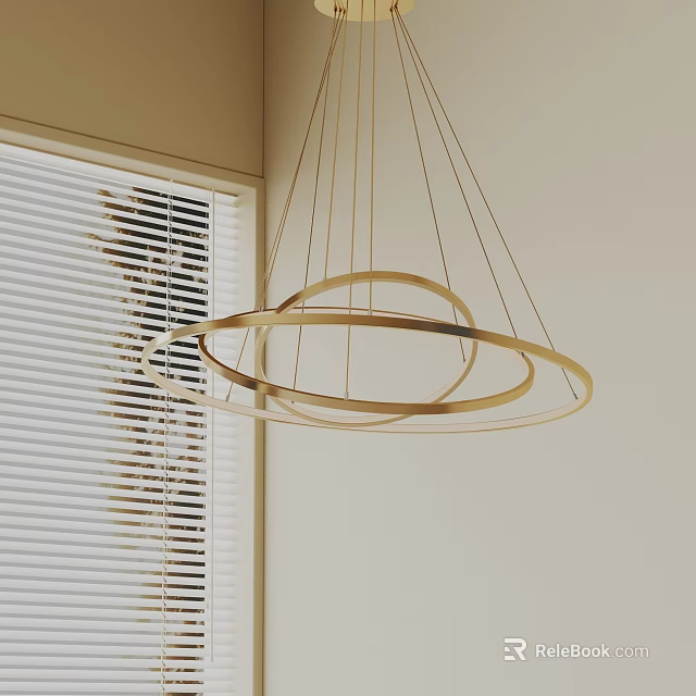 Gold Circular Chandelier With Hanging Wires In Room With Blinds And Light Walls 3d model 