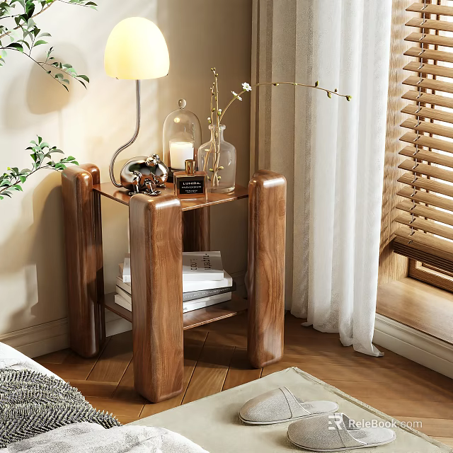 Walnut Wooden Bedside Table Design With Lamp Glass Vase Books And White Flowers In Bedroom 3d model 