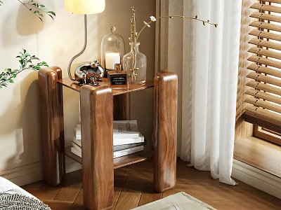 Walnut Wooden Bedside Table Design With Lamp Glass Vase Books And White Flowers In Bedroom 3d model