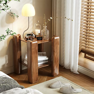 Walnut Wooden Bedside Table Design With Lamp Glass Vase Books And White Flowers In Bedroom 3d model