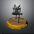 Orange And White Mechanical Robot Standing On Circular Platform With Yellow Edge Brown Rusty Surface 3d model