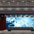 Modern Conference Room With Auditorium Seating Large Screen And Red Curtains