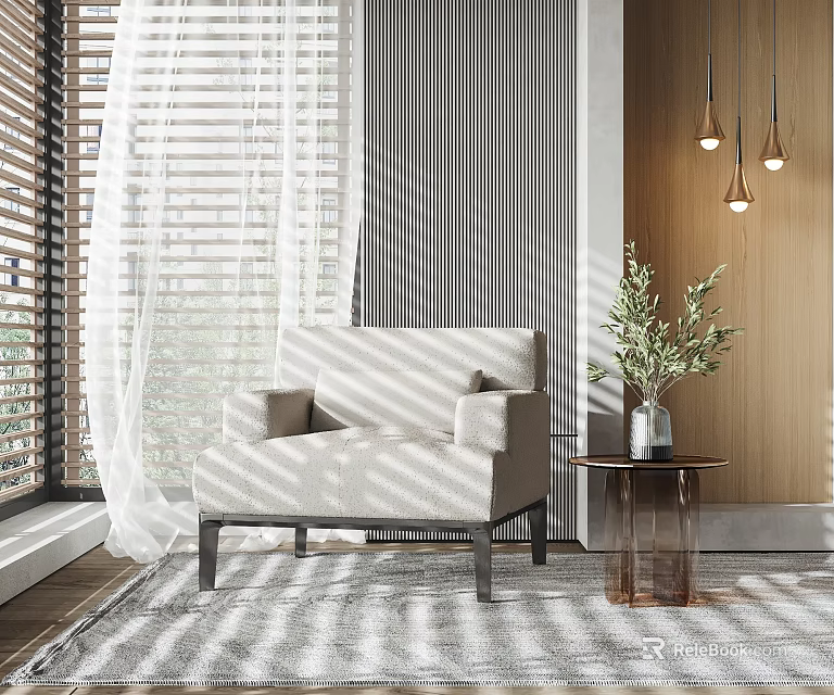 Beige Modern Single Sofa with Striped Wall Wooden Side Table Green Plant and Pendant Lights 3d model 