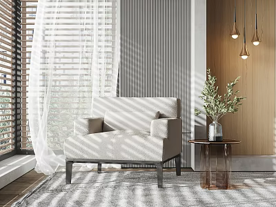 Beige Modern Single Sofa with Striped Wall Wooden Side Table Green Plant and Pendant Lights 3d model