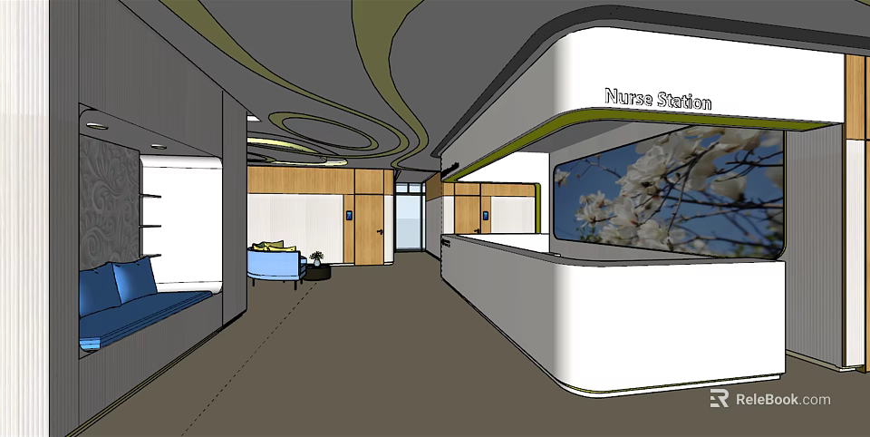 Modern Reception Area Design With Wooden Elements Marble Counter And Decorative Painting 3d model 