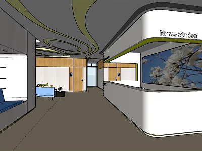 Modern Reception Area Design With Wooden Elements Marble Counter And Decorative Painting 3d model