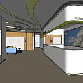 Modern Reception Area Design With Wooden Elements Marble Counter And Decorative Painting