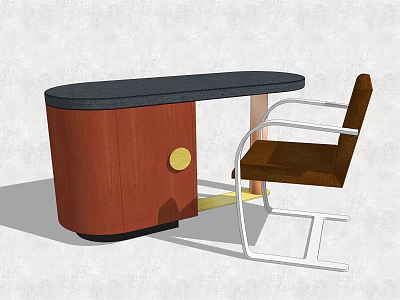 Brown Wooden Desk With Black Surface Round Yellow Knob And Brown Chair White Frame 3d model