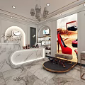 Elegant Boutique With White Shelves Marble Table Green Plants Pink Products Arched Doorways And Chandelier
