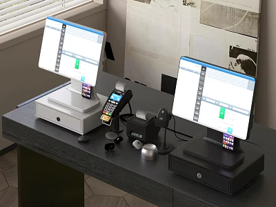 Retail Business POS System With Dual Monitors Cash Register And Barcode Scanner 3d model