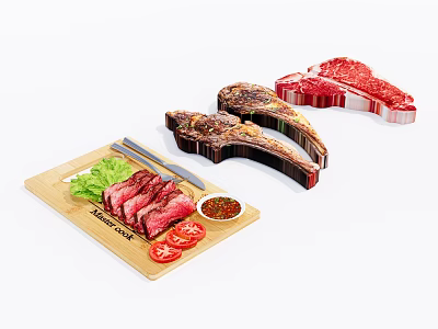 Fresh and Cooked Steak Served on Wooden Cutting Board with Lettuce Tomato and Sauce 3d model