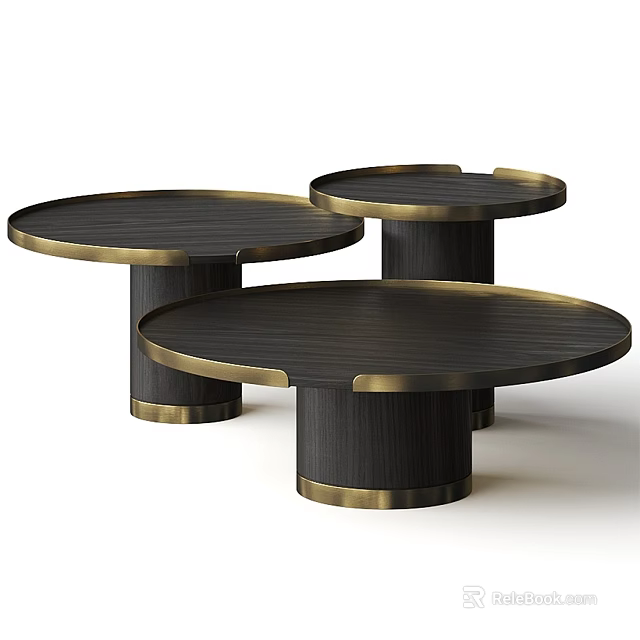 Modern Elegant Sofa Coffee Table Set With Round Black Tabletops And Golden Frames 3d model 