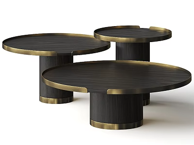 Modern Elegant Sofa Coffee Table Set With Round Black Tabletops And Golden Frames 3d model