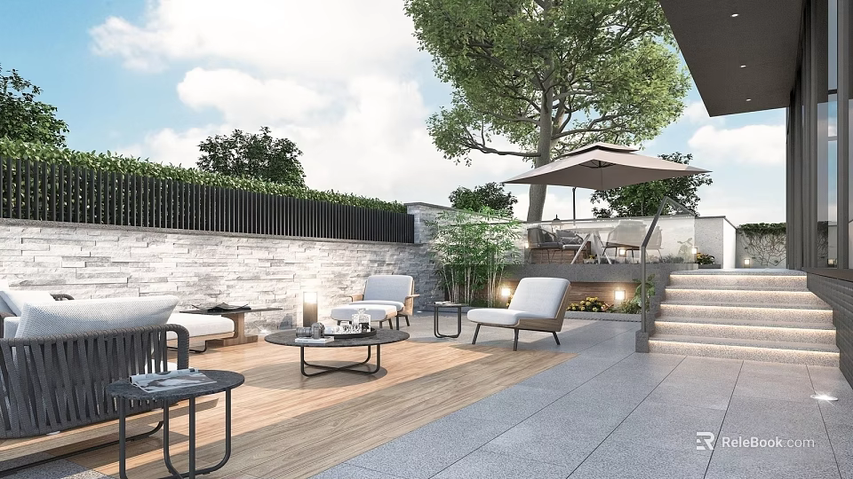 Serene Outdoor Garden Landscape With Patio Seating Stone Wall Trees And Steps 3d model 